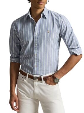 Ralph Lauren Mens Blue Stripe Button-Down Dress Shirt Classic Fit Pony Logo 16 L